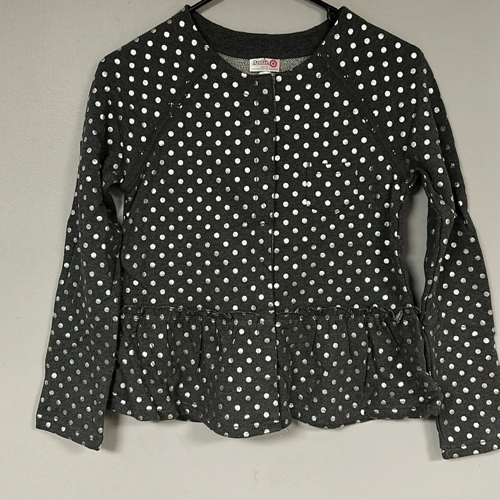 Annie Target Dark Gray with Silver Dots Knit Snap Front Top, NWOT, L (10 / 12)